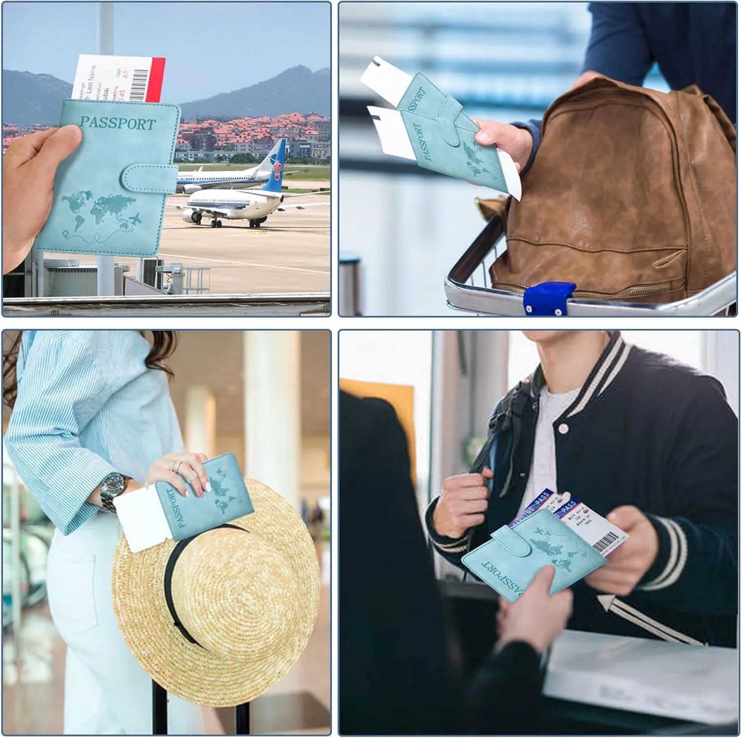 Passport Holder, Passport Cover with Credit Card Slot and Boarding Pass Slot Combo, Passport Wallet Case Book Travel Must Have, RFID Blocking Leather Travel Accessories, Light Blue