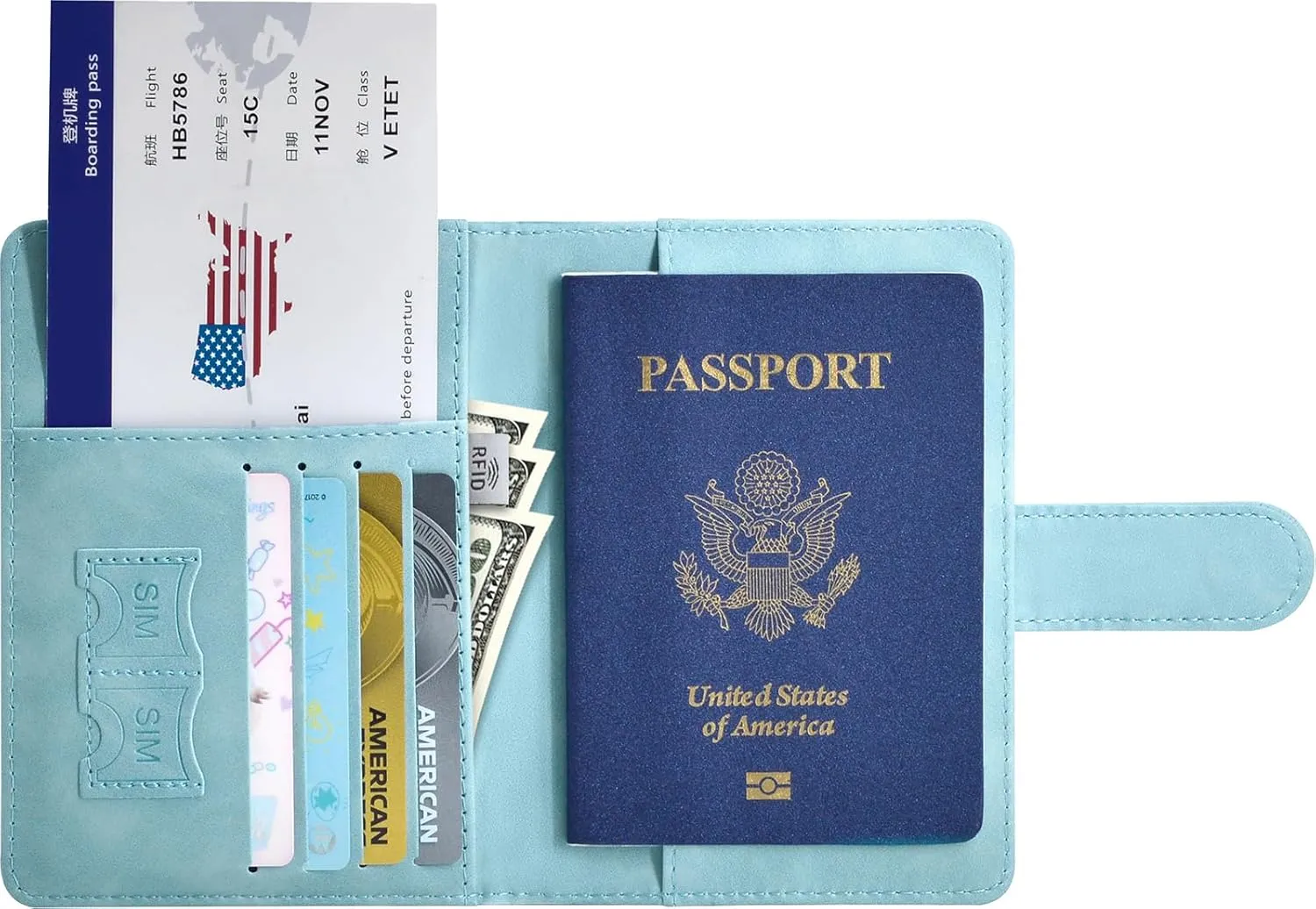 Passport Holder, Passport Cover with Credit Card Slot and Boarding Pass Slot Combo, Passport Wallet Case Book Travel Must Have, RFID Blocking Leather Travel Accessories, Light Blue