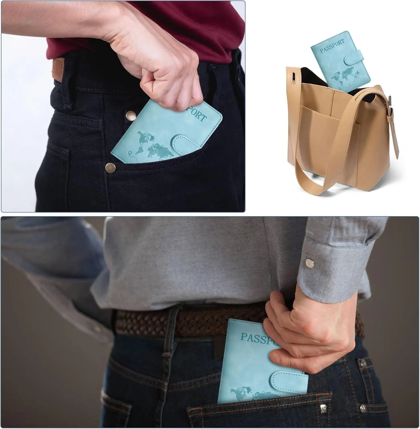 Passport Holder, Passport Cover with Credit Card Slot and Boarding Pass Slot Combo, Passport Wallet Case Book Travel Must Have, RFID Blocking Leather Travel Accessories, Light Blue