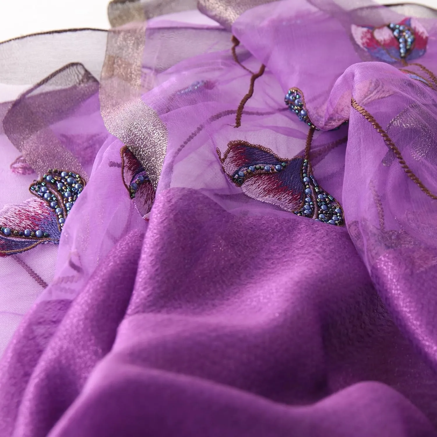 Purple Silk Scarf and Shawl - Elegant Embroidered Silk Scarf