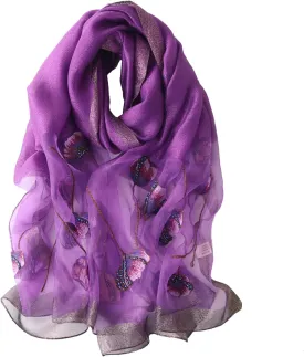Purple Silk Scarf and Shawl - Elegant Embroidered Silk Scarf
