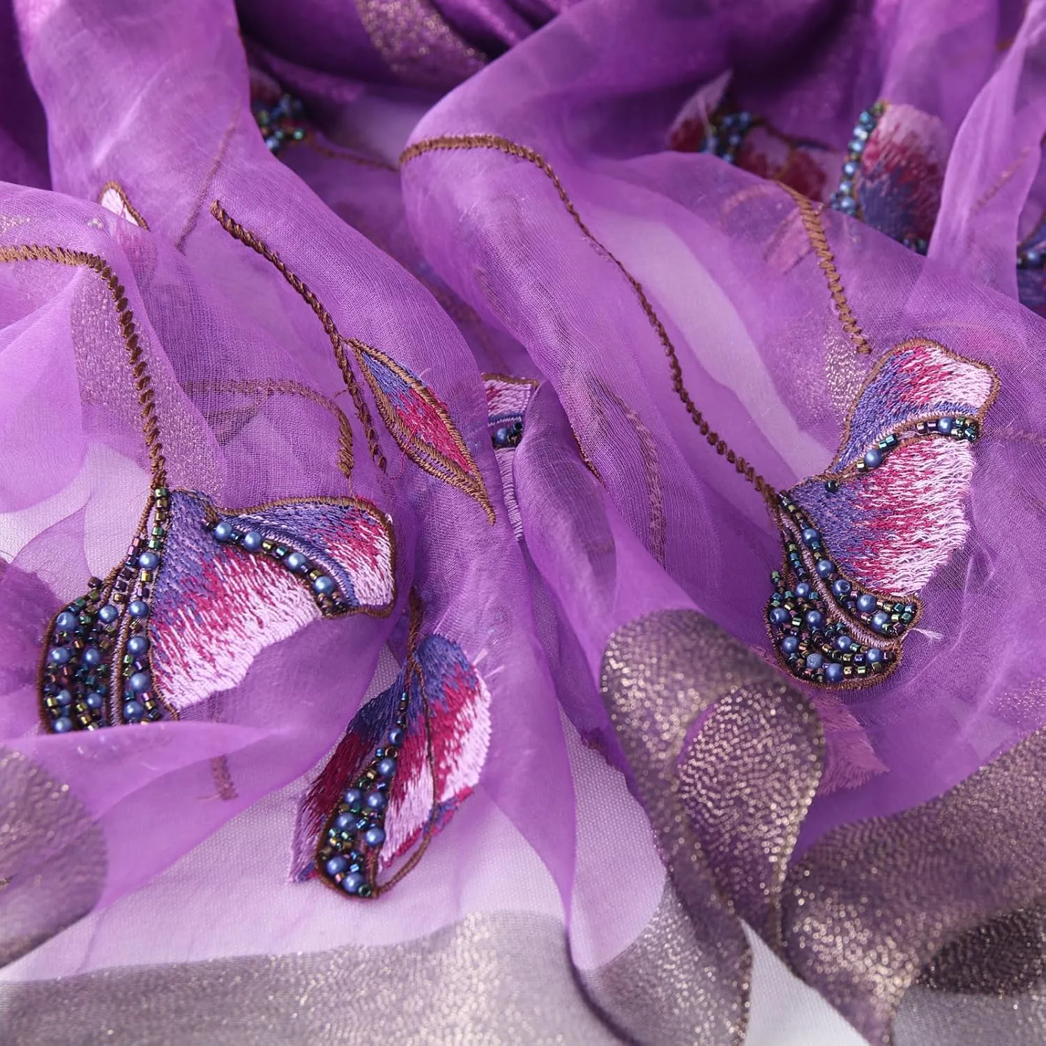 Purple Silk Scarf and Shawl - Elegant Embroidered Silk Scarf