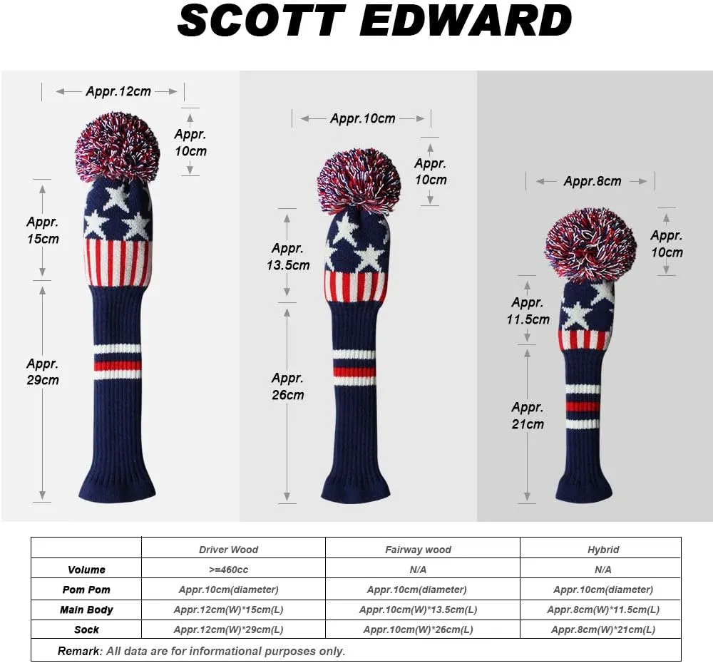 Scott Edward Knit Wood Golf Club Head Covers 4 Pieces Knitted Item Fit Over Well Driver Wood(460cc) Fairway Wood and Hybrid(UT)