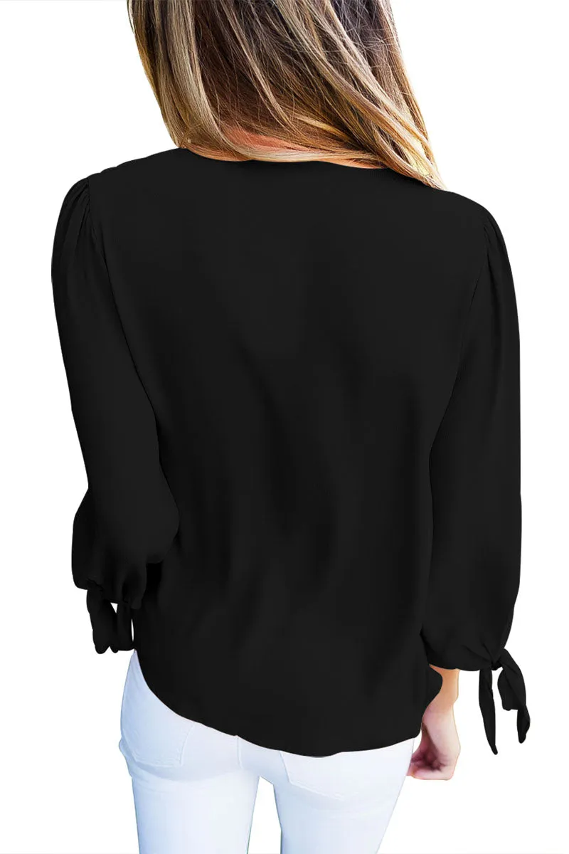 Sexy Black Bow-tie Sleeved Blouse with Necktie