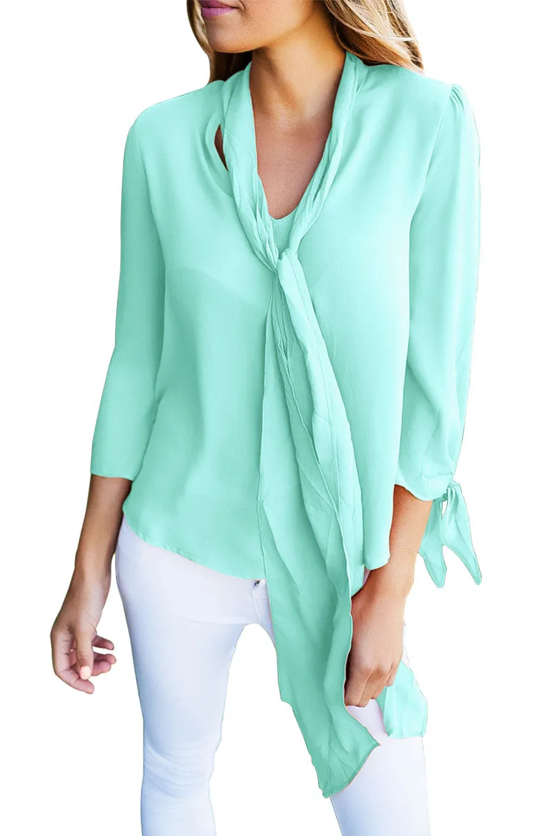 Sexy Light Blue Bow-tie Sleeved Blouse with Necktie