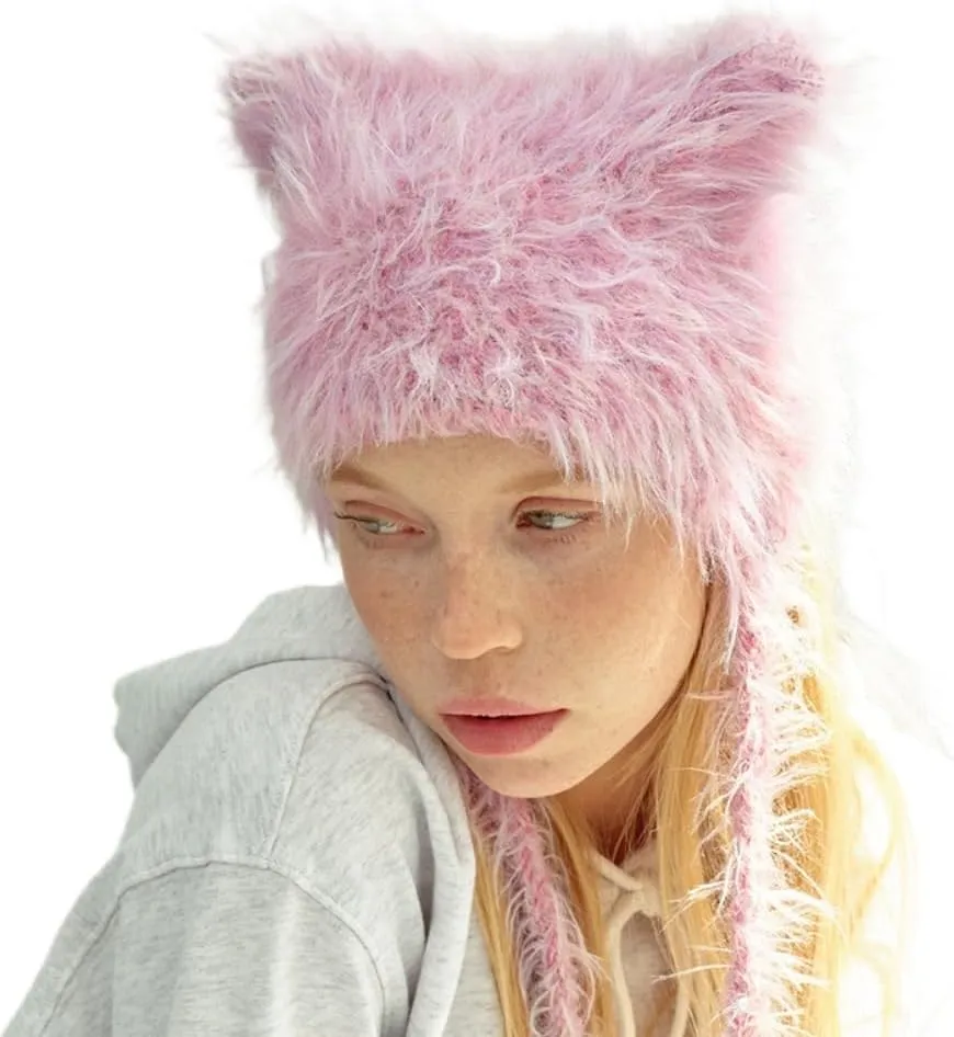 Slouchy Fuzzy Beanies for Women Cute Fluffy Cat Ear Hat Winter Warm Crochet Y2k Harajuku Aesthetic Accessories