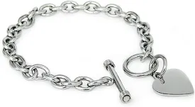 Stainless Steel Trendy Cable Chain Bracelet with Heart Charm and Toggle Clasp Closure, High Polished Finished, 7.5"
