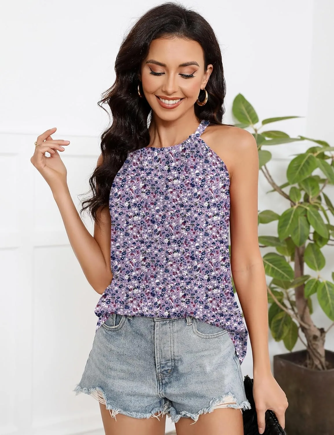 Summer Halter Tank Tops for Women Loose Fit Pleated Tie Back Sleeveless Tops Casual