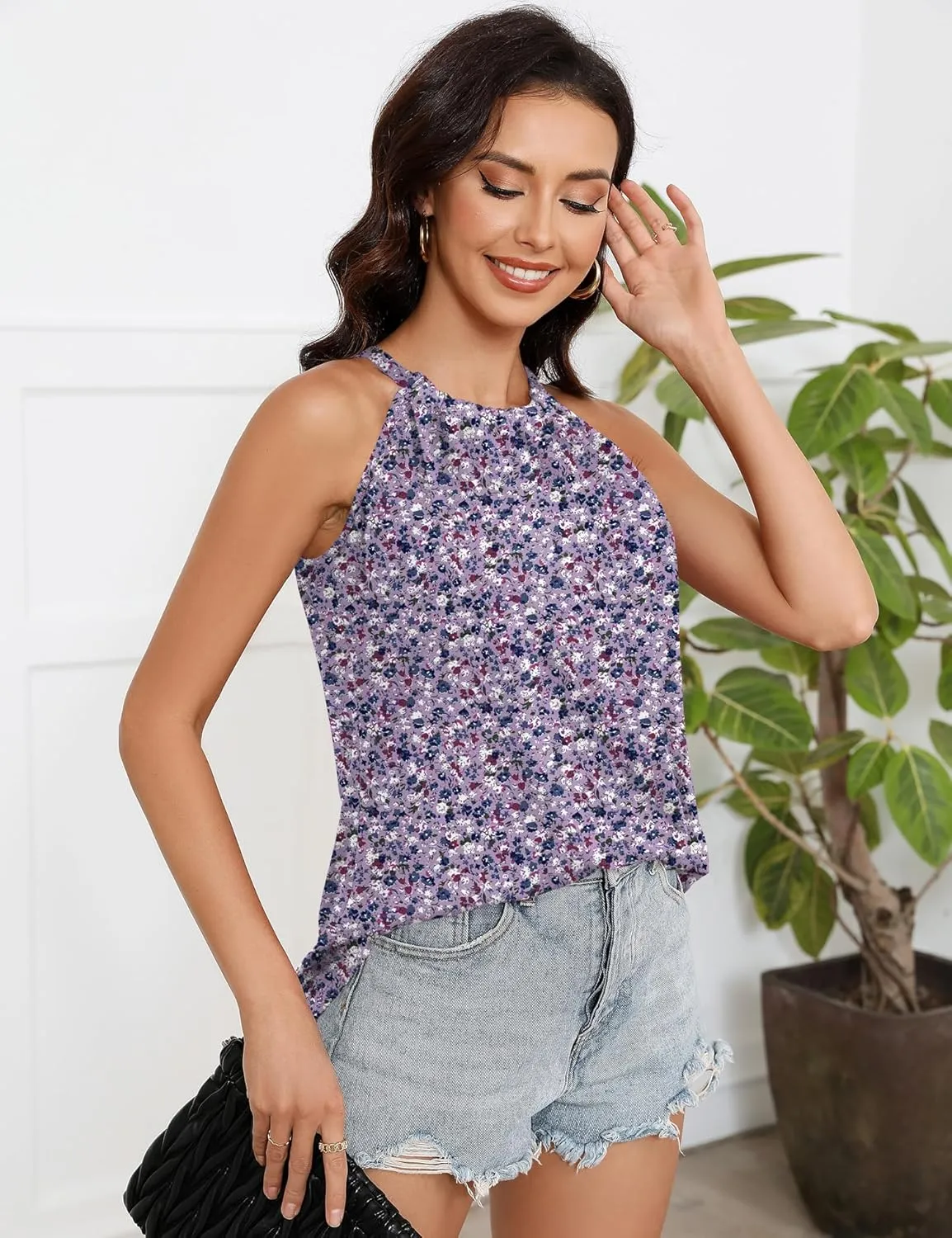Summer Halter Tank Tops for Women Loose Fit Pleated Tie Back Sleeveless Tops Casual