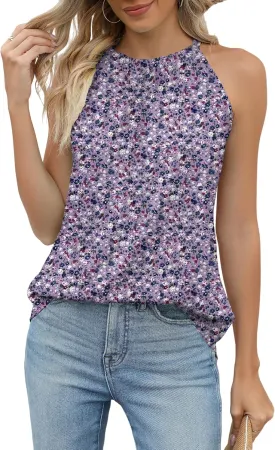 Summer Halter Tank Tops for Women Loose Fit Pleated Tie Back Sleeveless Tops Casual