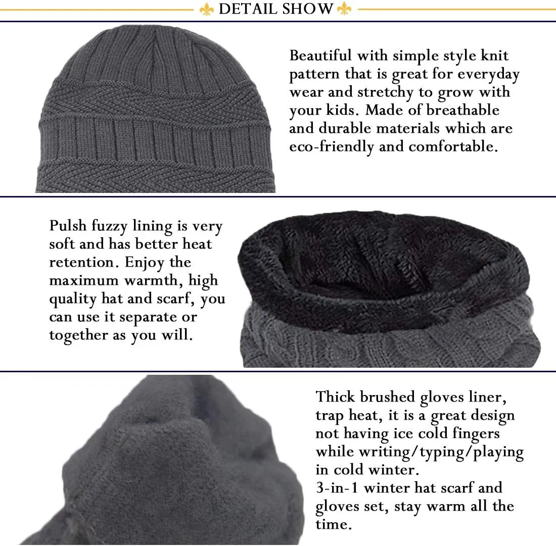 T WILKER 3Pcs Winter Hats Neck Warmer Scarf and Touch Screen Gloves Set for Kids