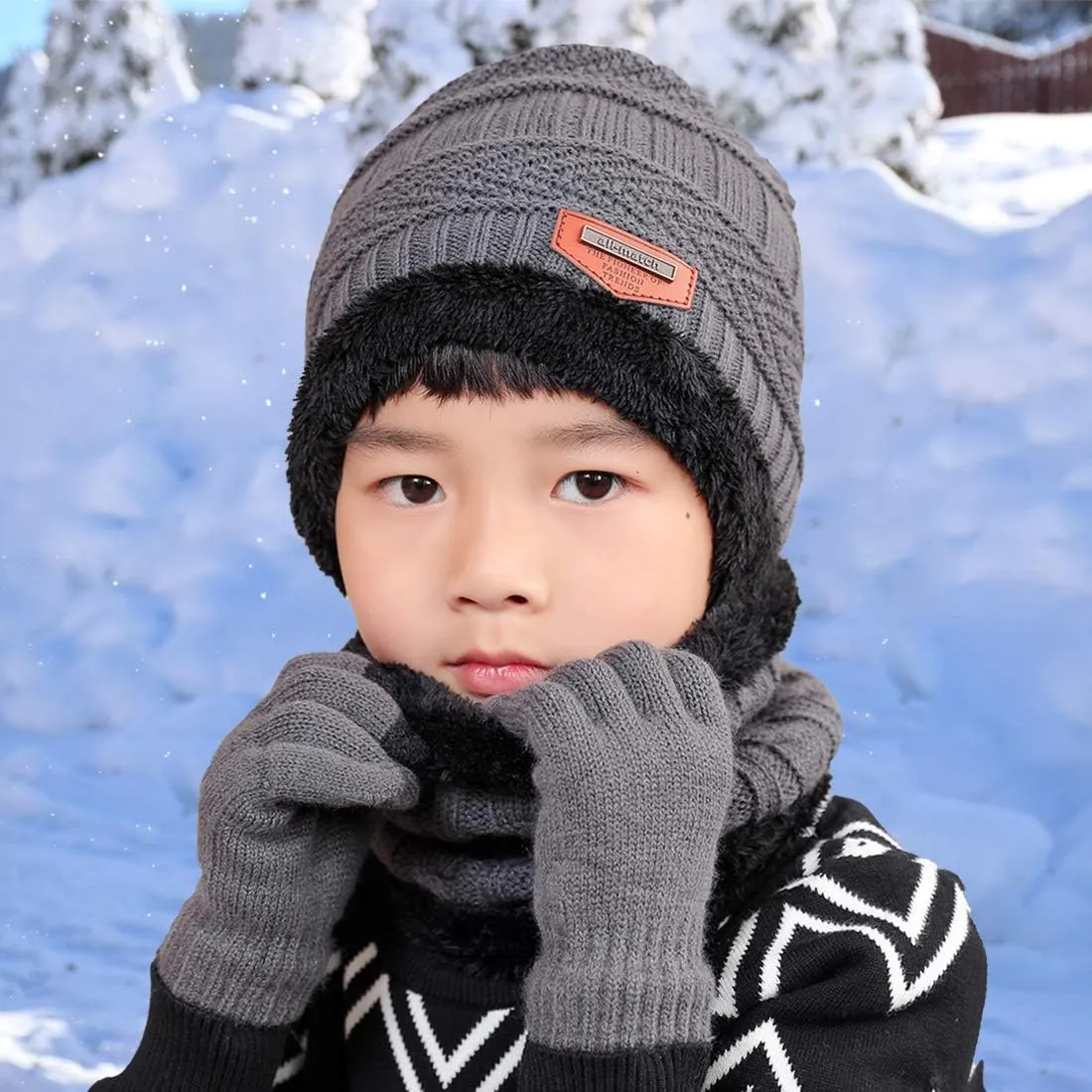 T WILKER 3Pcs Winter Hats Neck Warmer Scarf and Touch Screen Gloves Set for Kids