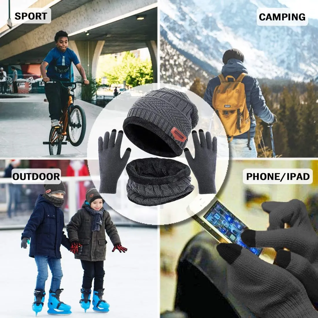 T WILKER 3Pcs Winter Hats Neck Warmer Scarf and Touch Screen Gloves Set for Kids