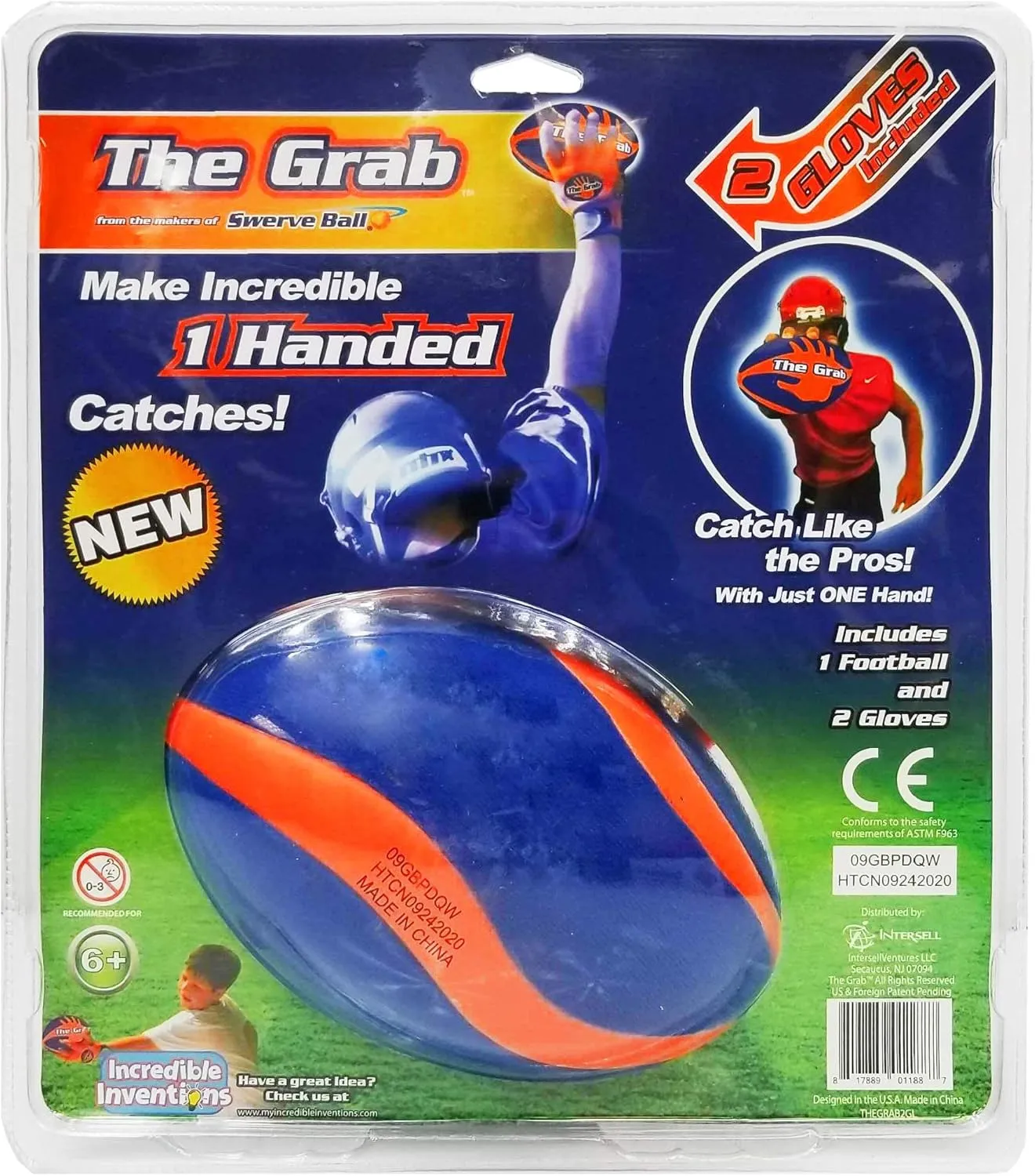 The Grab Football - Make Incredible One Handed Catches, Game of Catch and Throw Football Toy, Includes 2 Gloves