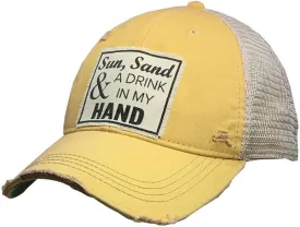 VINTAGE LIFE Sun Sand & A Drink in My Hand Distressed Trucker Cap, Yellow, Cotton, Polyester, Indoor, Outdoor