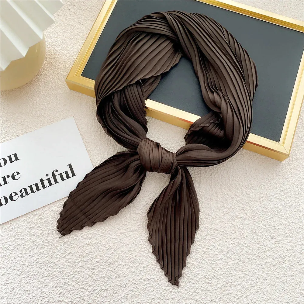 Women'S Pleated Print Silk Scarf Satin Spring Summer 70*70cm Neckerchief Decorative Accessory