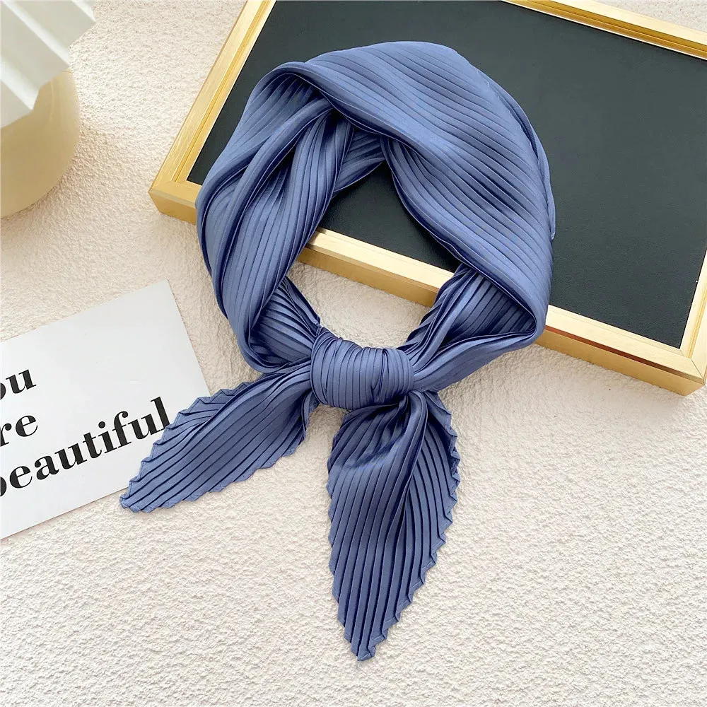 Women'S Pleated Print Silk Scarf Satin Spring Summer 70*70cm Neckerchief Decorative Accessory