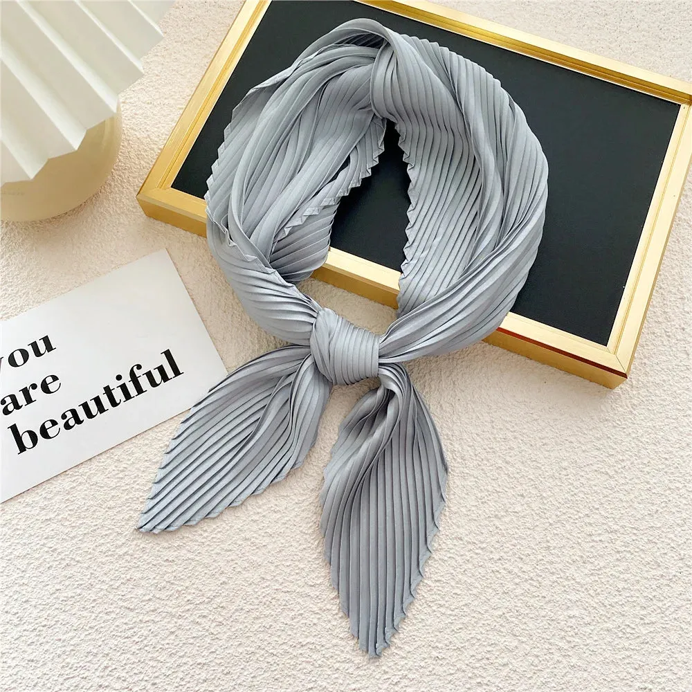 Women'S Pleated Print Silk Scarf Satin Spring Summer 70*70cm Neckerchief Decorative Accessory