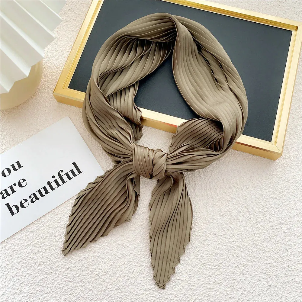 Women'S Pleated Print Silk Scarf Satin Spring Summer 70*70cm Neckerchief Decorative Accessory