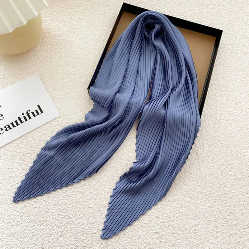 Women'S Pleated Print Silk Scarf Satin Spring Summer 70*70cm Neckerchief Decorative Accessory