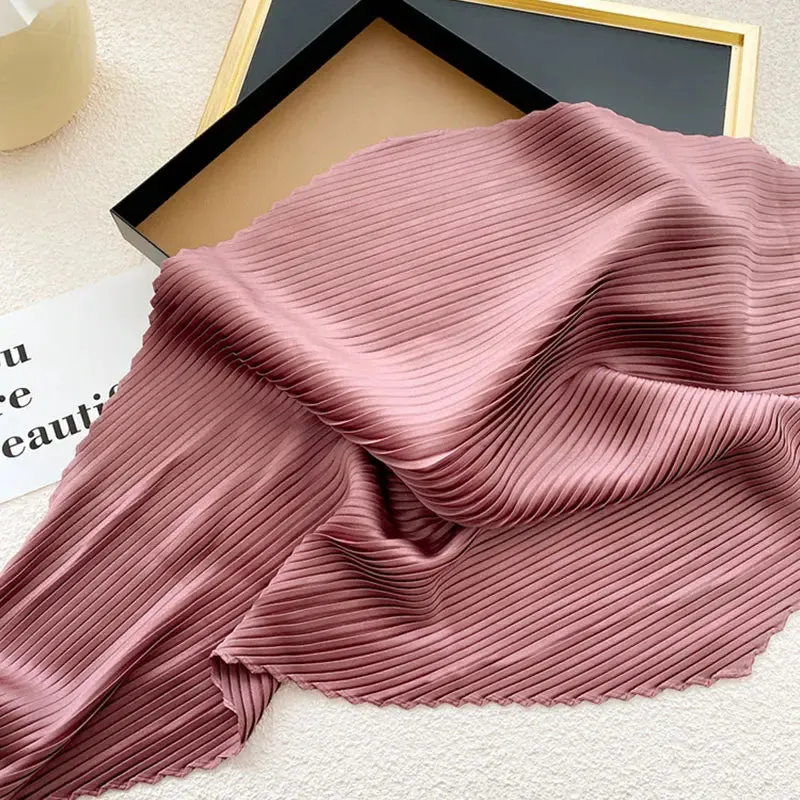 Women'S Pleated Print Silk Scarf Satin Spring Summer 70*70cm Neckerchief Decorative Accessory