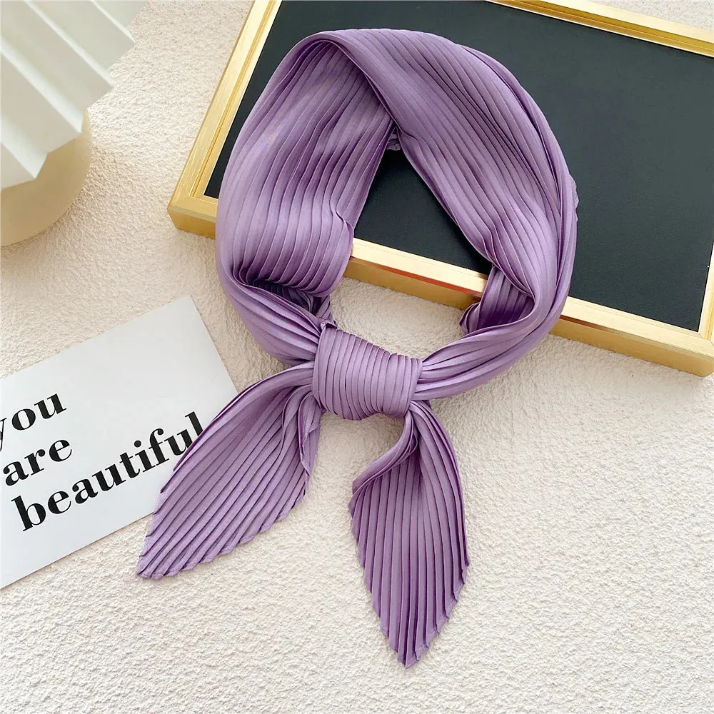 Women'S Pleated Print Silk Scarf Satin Spring Summer 70*70cm Neckerchief Decorative Accessory