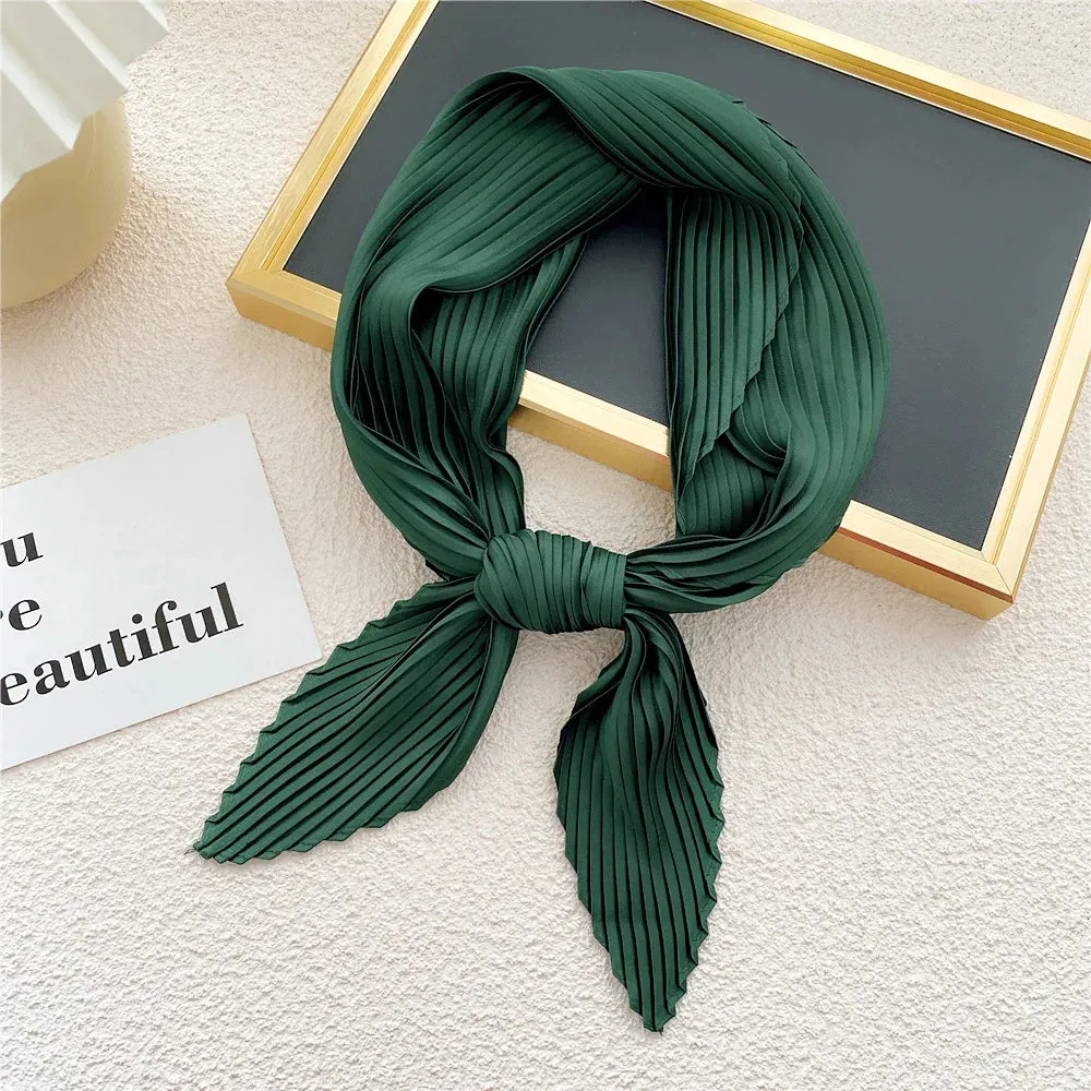 Women'S Pleated Print Silk Scarf Satin Spring Summer 70*70cm Neckerchief Decorative Accessory