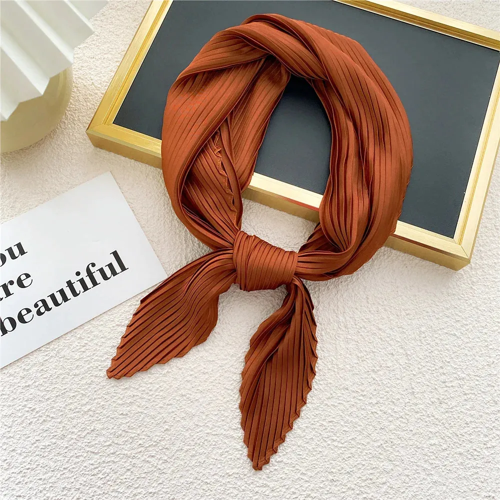 Women'S Pleated Print Silk Scarf Satin Spring Summer 70*70cm Neckerchief Decorative Accessory