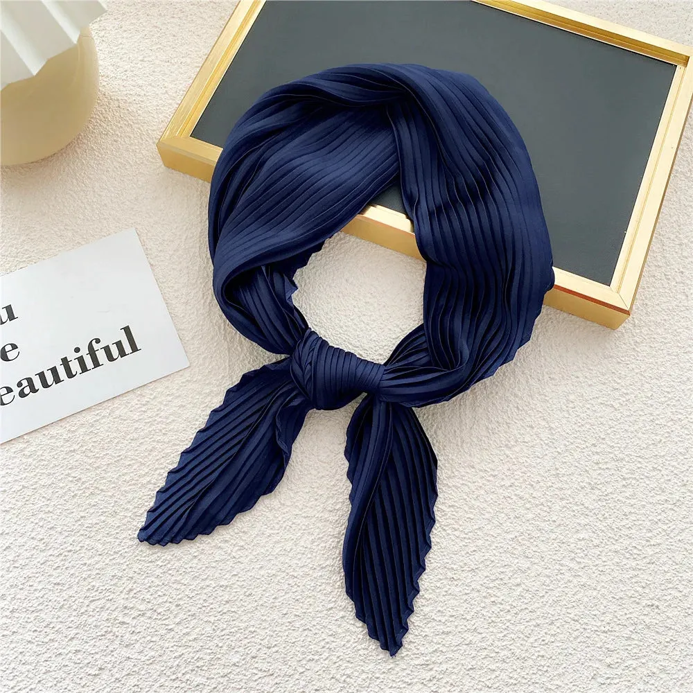 Women'S Pleated Print Silk Scarf Satin Spring Summer 70*70cm Neckerchief Decorative Accessory