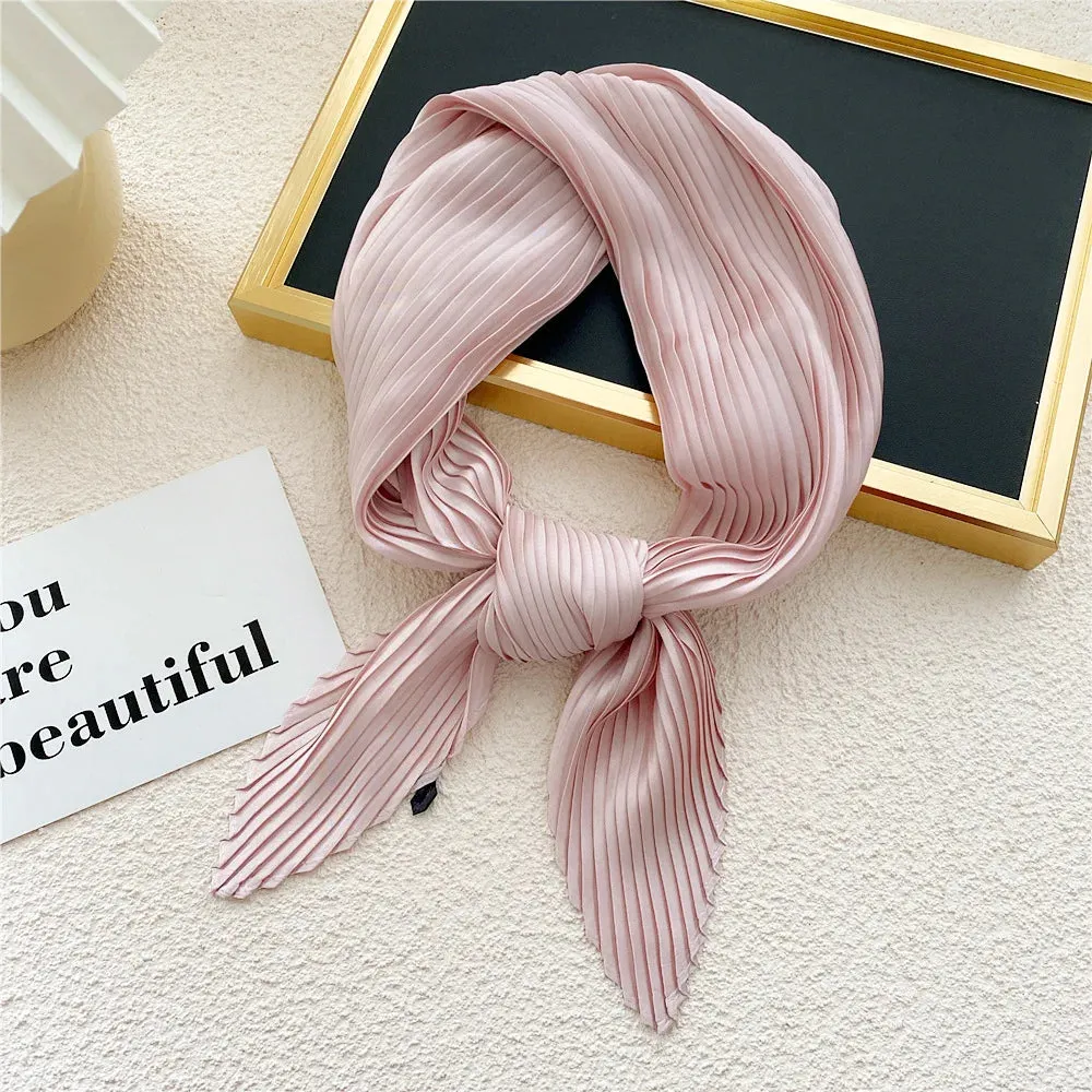 Women'S Pleated Print Silk Scarf Satin Spring Summer 70*70cm Neckerchief Decorative Accessory