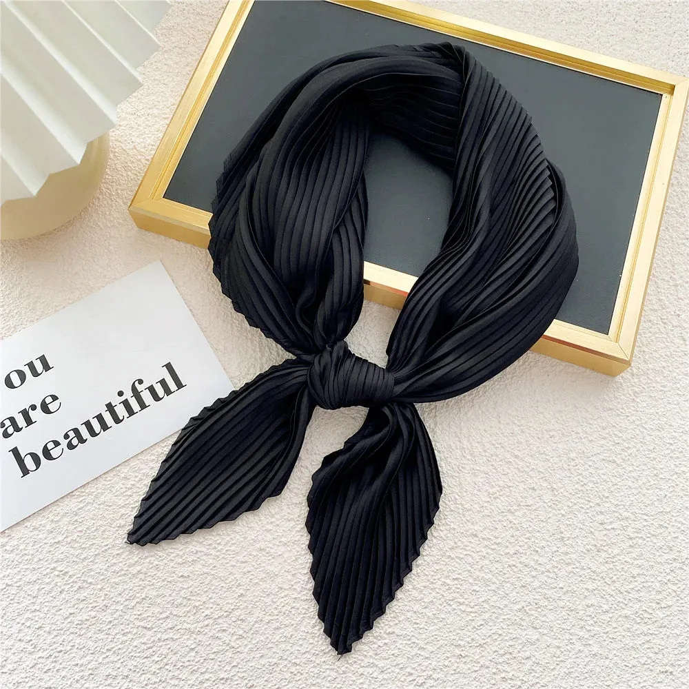 Women'S Pleated Print Silk Scarf Satin Spring Summer 70*70cm Neckerchief Decorative Accessory