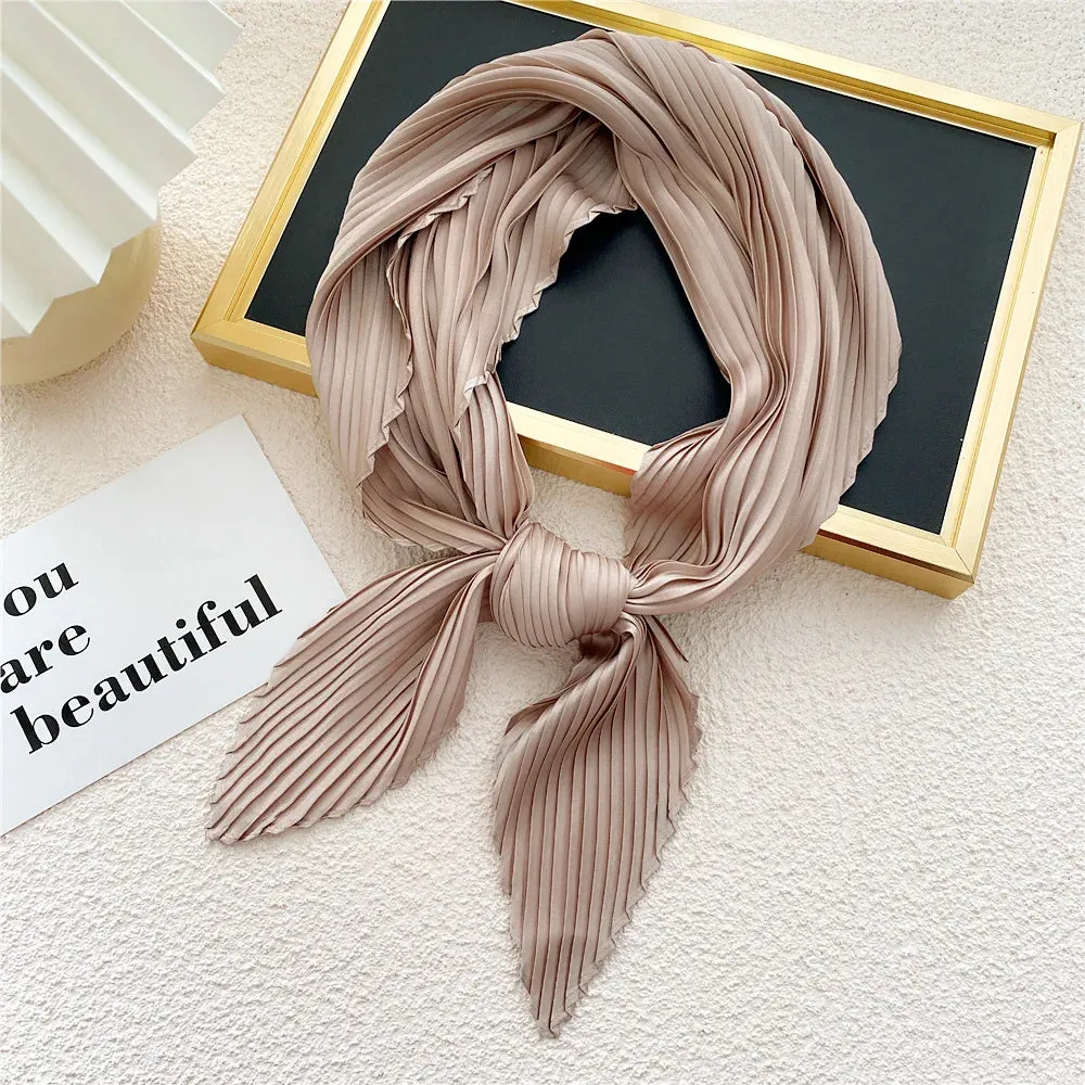 Women'S Pleated Print Silk Scarf Satin Spring Summer 70*70cm Neckerchief Decorative Accessory