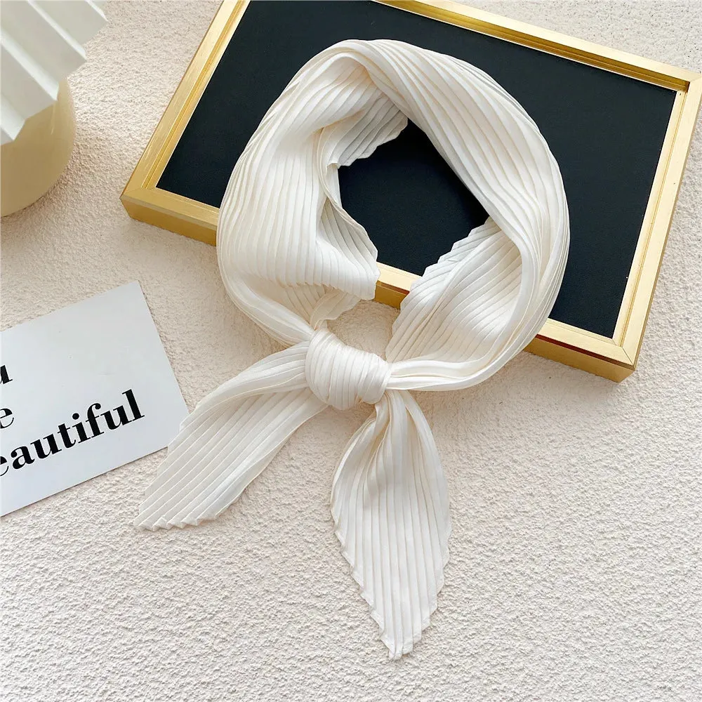 Women'S Pleated Print Silk Scarf Satin Spring Summer 70*70cm Neckerchief Decorative Accessory