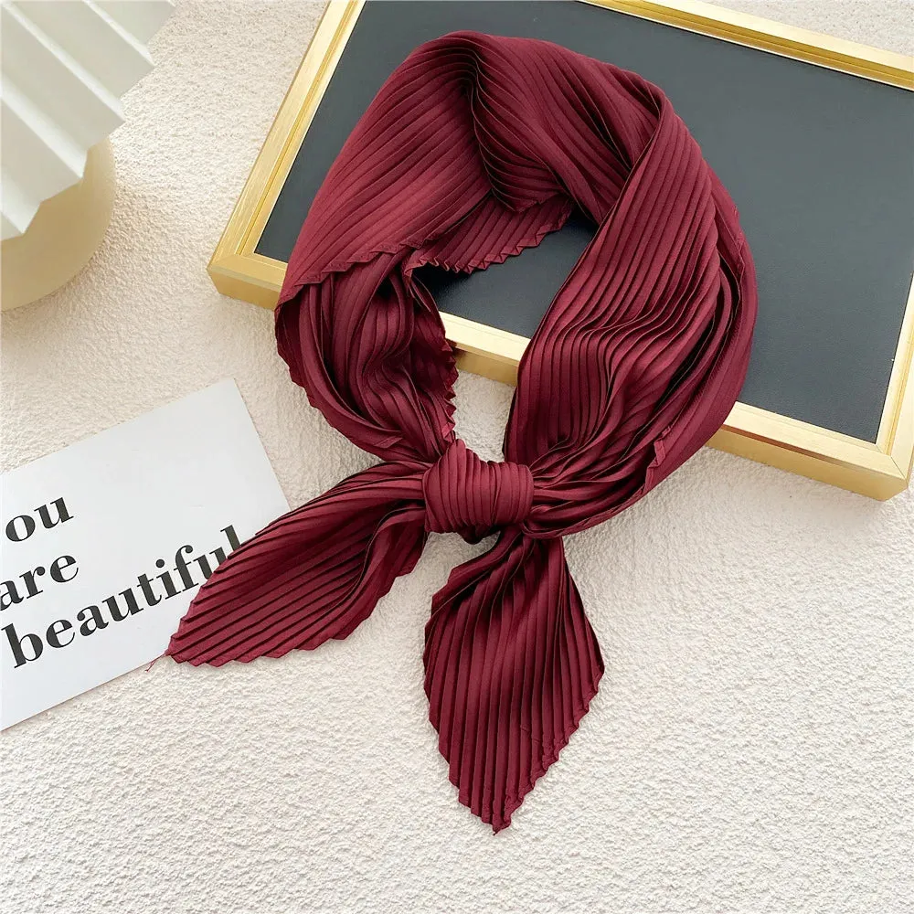 Women'S Pleated Print Silk Scarf Satin Spring Summer 70*70cm Neckerchief Decorative Accessory