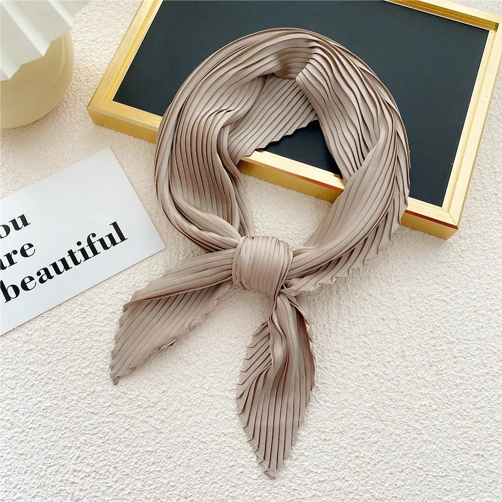 Women'S Pleated Print Silk Scarf Satin Spring Summer 70*70cm Neckerchief Decorative Accessory