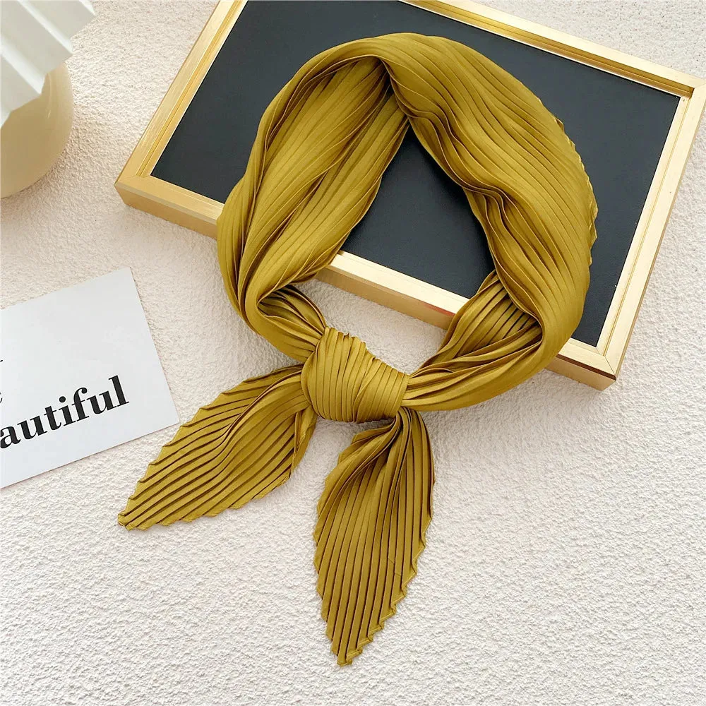 Women'S Pleated Print Silk Scarf Satin Spring Summer 70*70cm Neckerchief Decorative Accessory