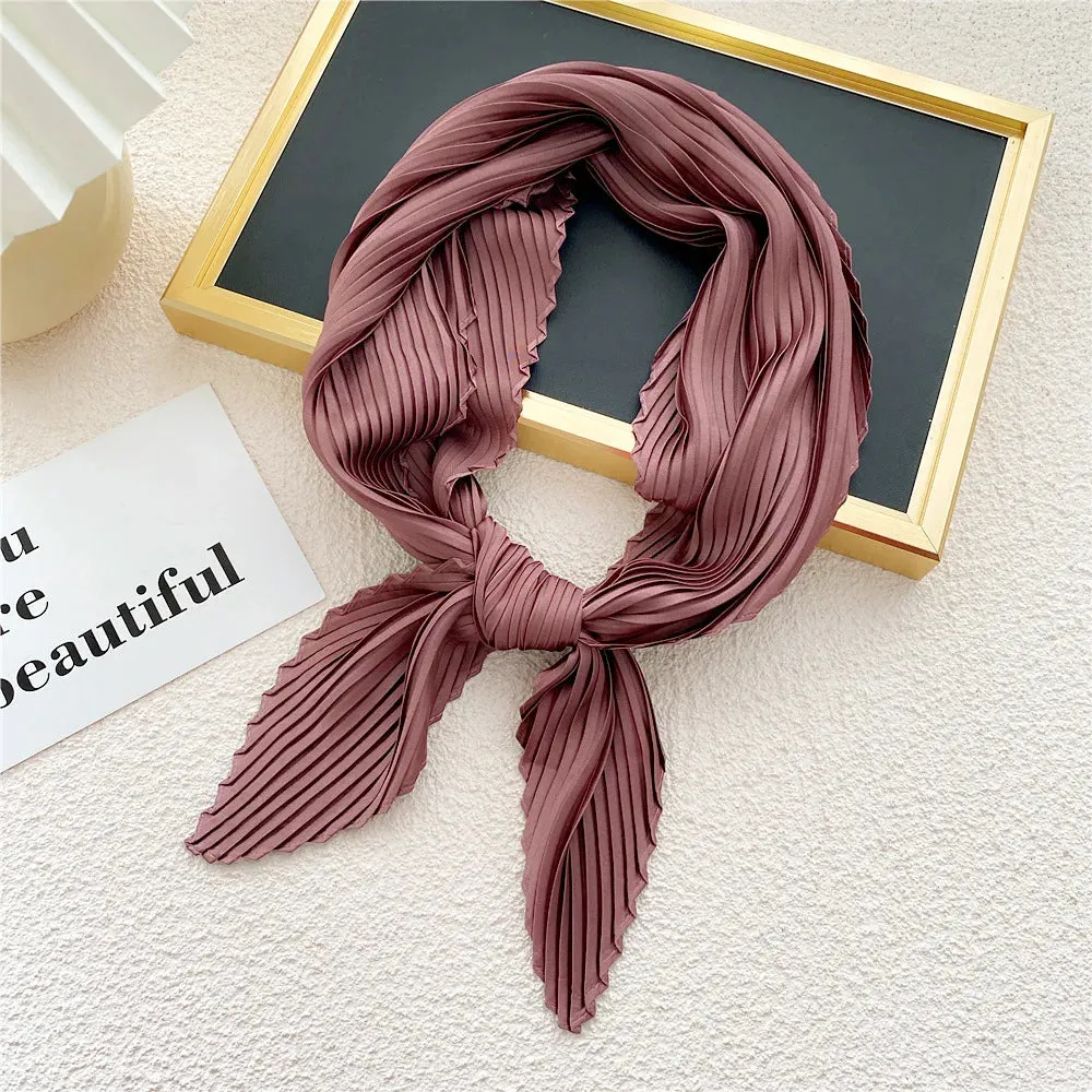 Women'S Pleated Print Silk Scarf Satin Spring Summer 70*70cm Neckerchief Decorative Accessory