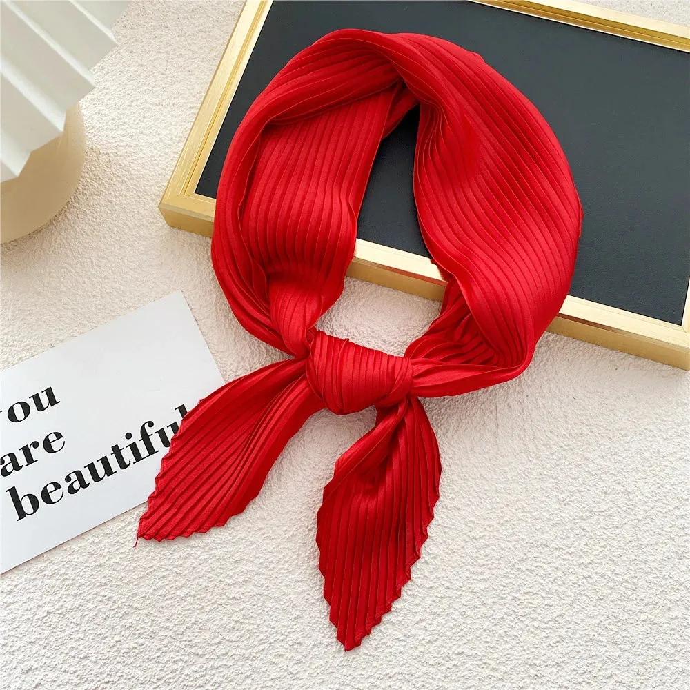 Women'S Pleated Print Silk Scarf Satin Spring Summer 70*70cm Neckerchief Decorative Accessory