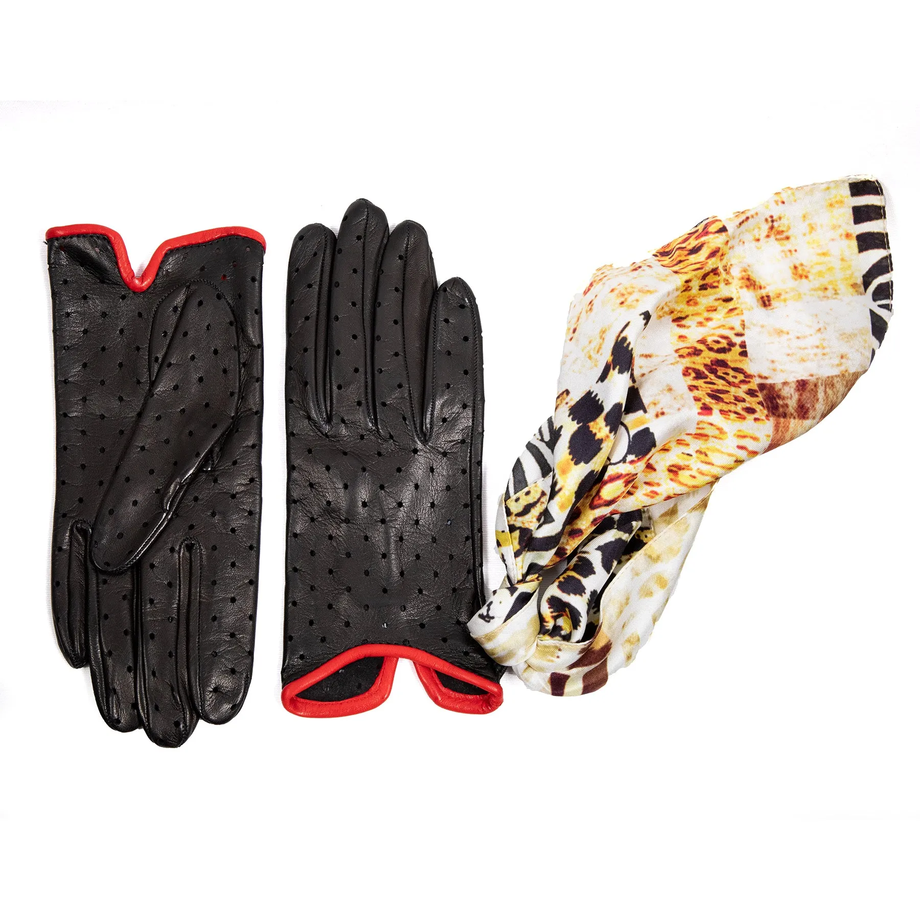 Women's unlined black nappa leather gloves with perforated pois detail