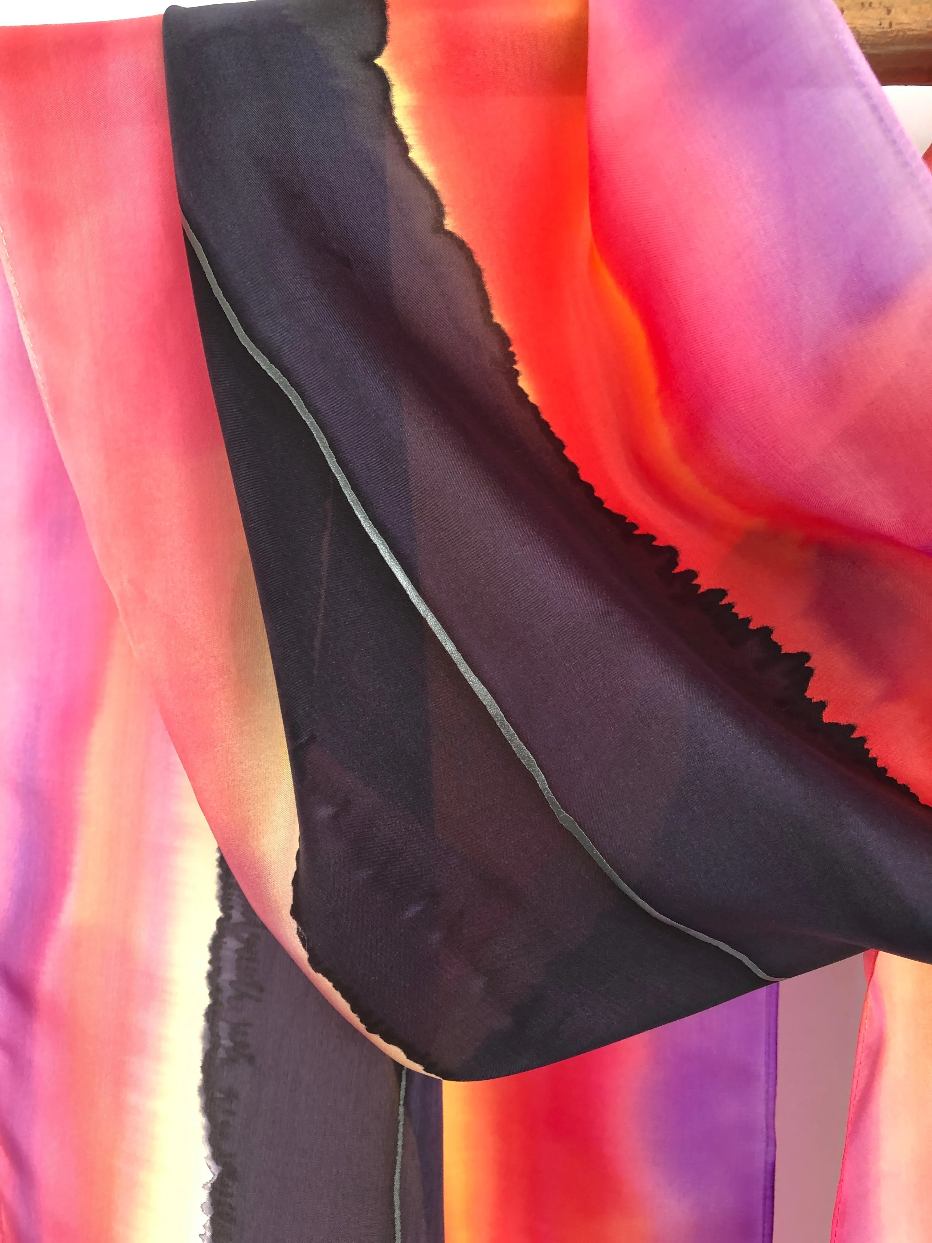 “Woods and Water Sunset" - Hand-dyed Silk Scarf - $125