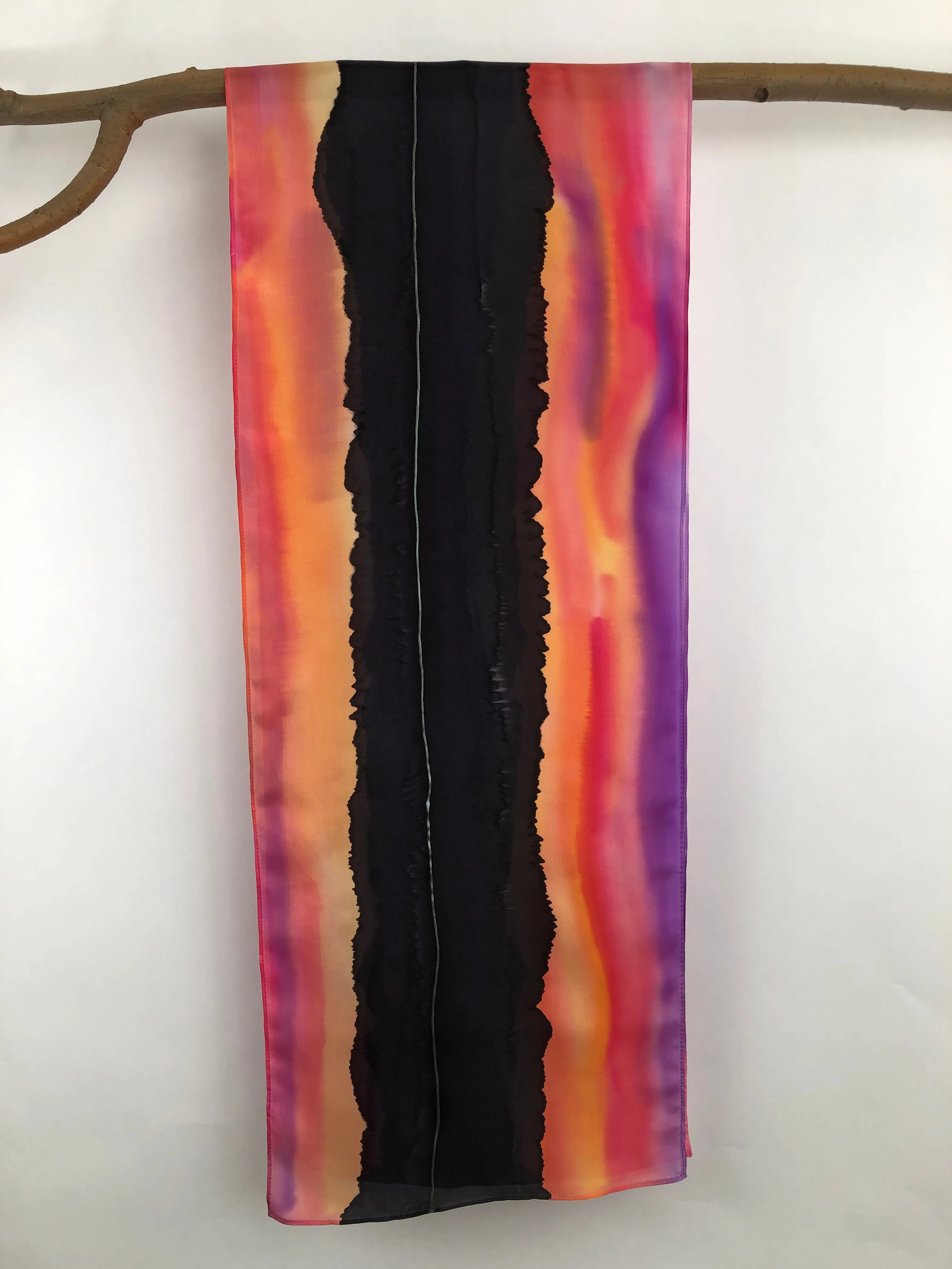 “Woods and Water Sunset" - Hand-dyed Silk Scarf - $125