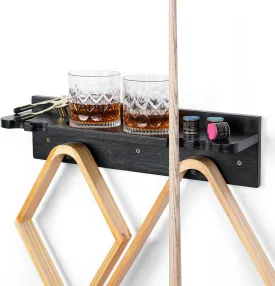 XCSOURCE Bamboo Pool Cue Holder Wall Mount, 4 Cue Rack with Ball Rack & Drink Holder, Black, 15.7 x 4.3 x 4.3 Inches