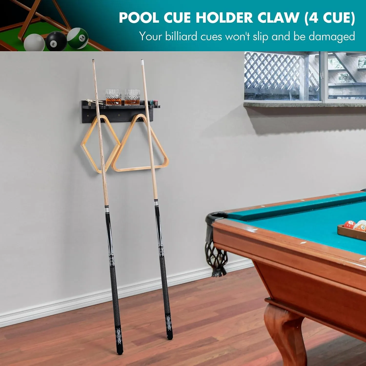 XCSOURCE Bamboo Pool Cue Holder Wall Mount, 4 Cue Rack with Ball Rack & Drink Holder, Black, 15.7 x 4.3 x 4.3 Inches