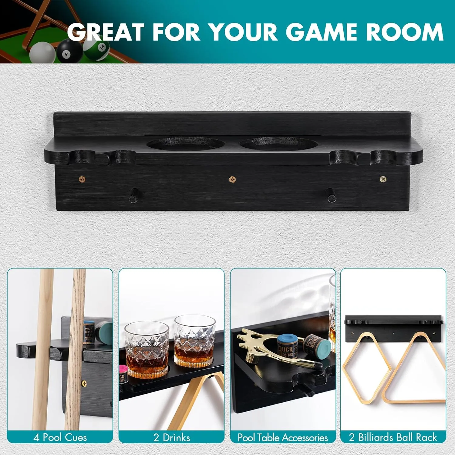 XCSOURCE Bamboo Pool Cue Holder Wall Mount, 4 Cue Rack with Ball Rack & Drink Holder, Black, 15.7 x 4.3 x 4.3 Inches