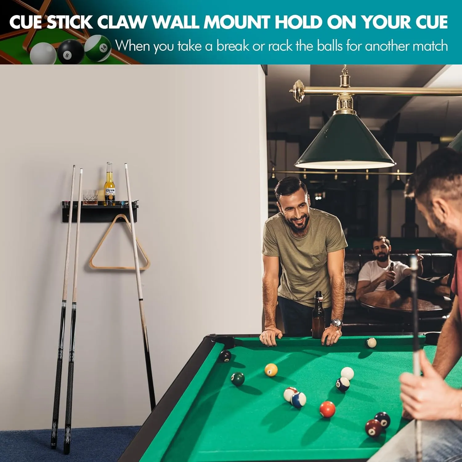 XCSOURCE Bamboo Pool Cue Holder Wall Mount, 4 Cue Rack with Ball Rack & Drink Holder, Black, 15.7 x 4.3 x 4.3 Inches